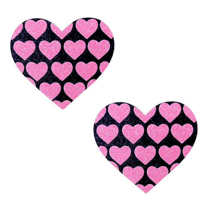 Pink Heart Neon Valentines Black Glitter Heart Nipple Cover Pasties