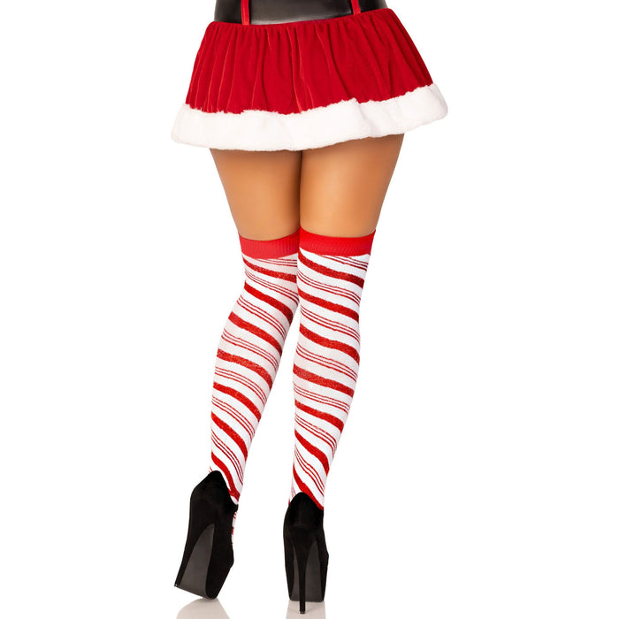 Candy Cane Lurex Striped Socks Over the Knee One Size White / Red