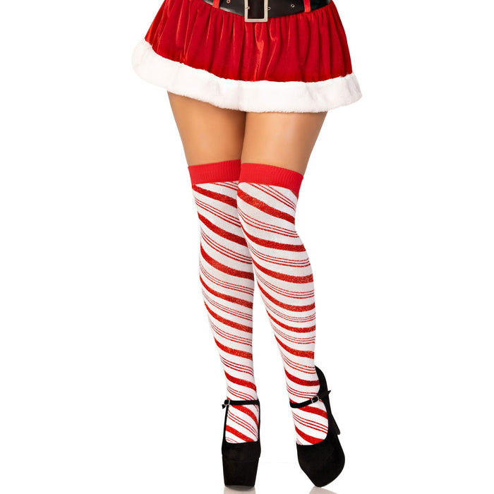 Candy Cane Lurex Striped Socks Over the Knee One Size White / Red