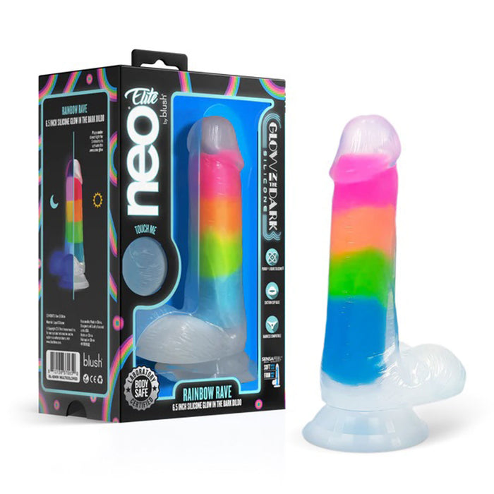 Neo Elite Glow in the Dark Rainbow Rave 6.5" Silicone Dual Density Dildo