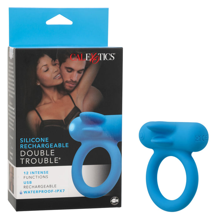 Silicone Rechargeable Double Trouble Cock Ring Blue