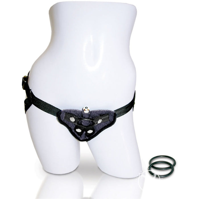 Vibrating Black Velvet Strap-on - Harness w/ O Ring Bullet Vibrator